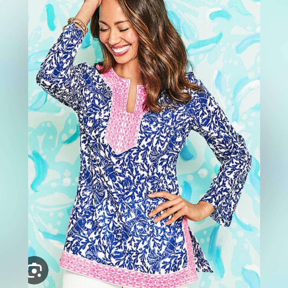 Lilly Pulitzer Ocean Cove Tunic Top, Oyster Bay Blue Krillin It, Size S.